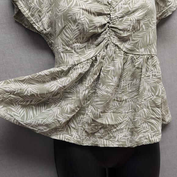 Japna Babydoll Top Cottagecore Boho Floral Ruched Smocked Ruffle Sleeve Sage L - Picture 5 of 12